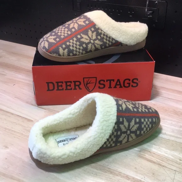 New WB Mens Deer Stags Sherpa-Lined Fair Isle Slippers - Brown & Cream