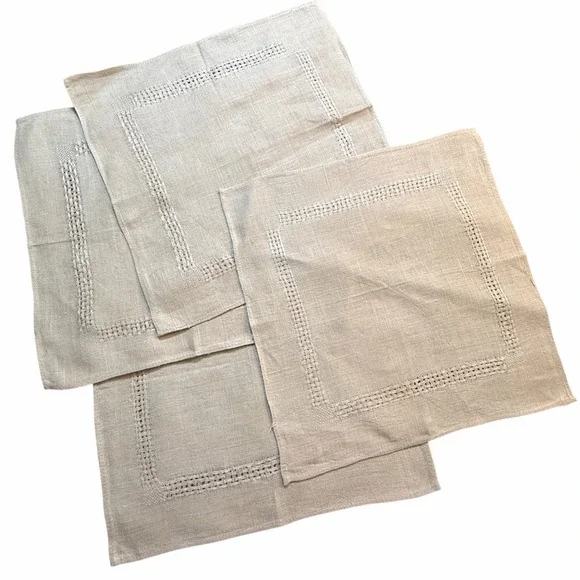 Set of 4 Linen Hemstitch Napkins‎ Natural Beige Tablecloths