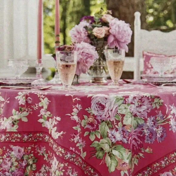 April Cornell Cottage Rose Tablecloth 60x84 Seat 6-8 Pink Green Floral NEW