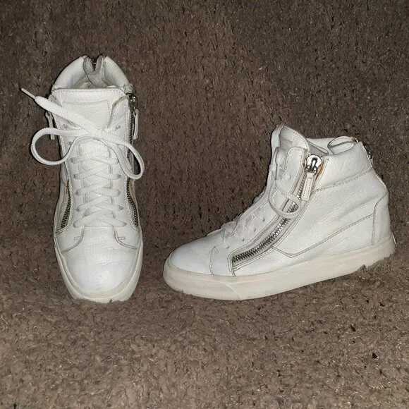 GIUSEPPE ZANOTTI-London-Double/Back Zip White Leather Sneakers-Sz 37.5-Excellent