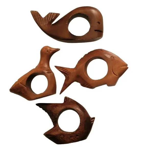 Vintage Hand Carved Wooden Sea Life Napkin Rings 4‎ Pieces Angel Fish Whale