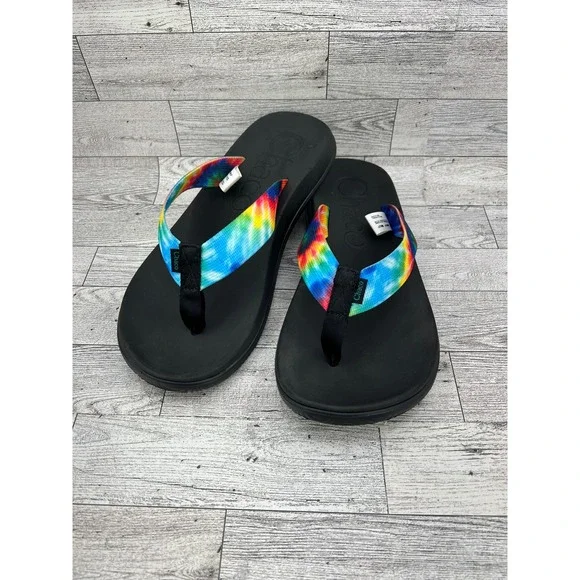 Chaco‎ Mens Tie Dye Flip Flops JCH108035 Black Thong Sandals Size 8 Rainbow