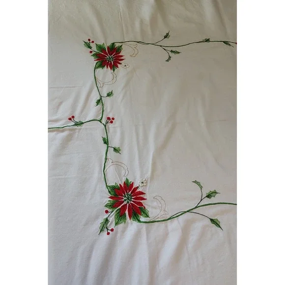 Embroidered Christmas Tablecloth Poinsettias Family Dinner Holiday 115x64 In SEE