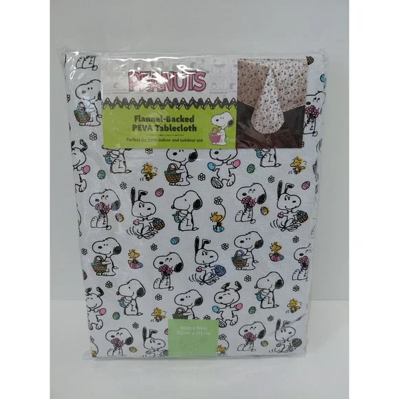 Peanuts Snoopy Woodstock Easter Tablecloth Flannel Backed PEVA 60x84 Rectangular
