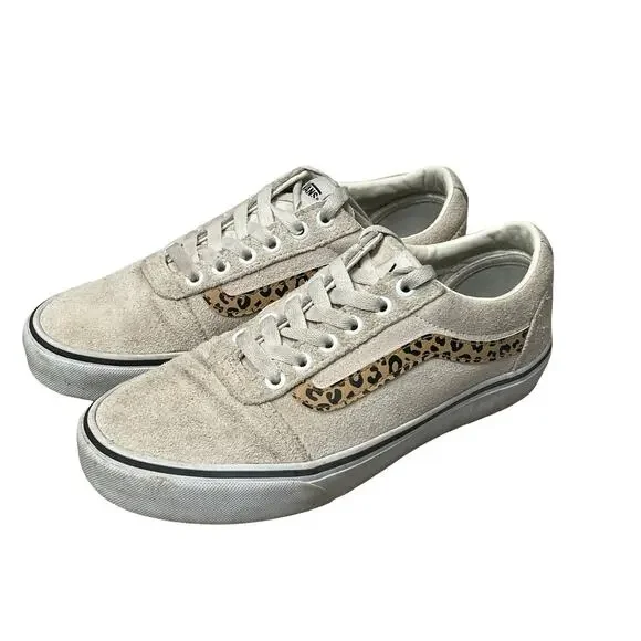VANS Women 8.5 Sneakers Low Top Cream‎ Suede Leopard Old Skool Lace Up Skate