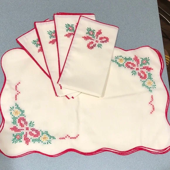 Embroidered Table Linens with Red Trim