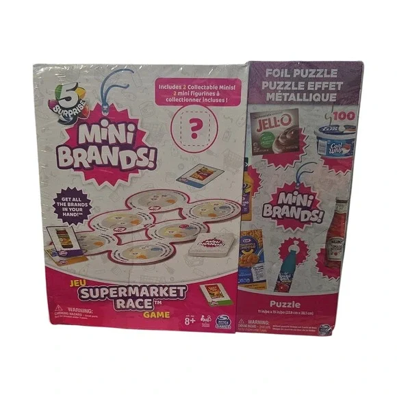 Zuru 5 Surprise Mini Brands Supermarket Race Game & 100 Piece Foil Puzzle Set