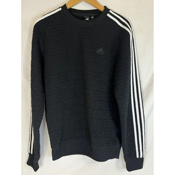 ADIDAS Mens Black Pullover Sweatshirt Typography Tonal All Over Print Size Small