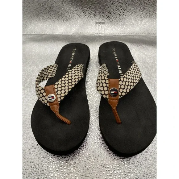 Tommy Hilfiger Polka Dot Logo Slip-On Strappy Black Beige Women's Flip Flop San…