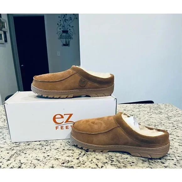 EZ Feet Men’s Genuine Sheepskin Lined Suede Hardsole Clog Slipper House Shoe