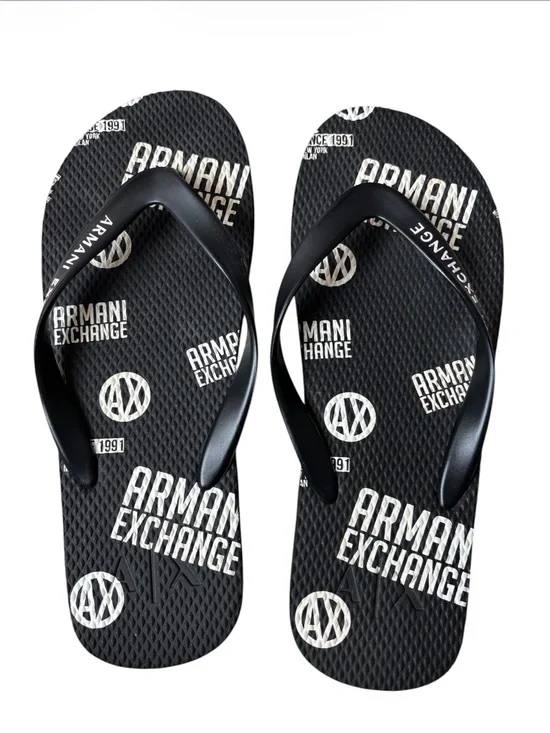 Armani Exchange Black Flip Flop Sandals with White Logo Print