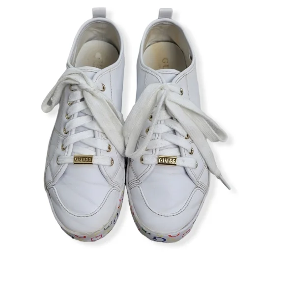 GUESS Women's White Leather Sneakers‎ with Goldtone Emblem