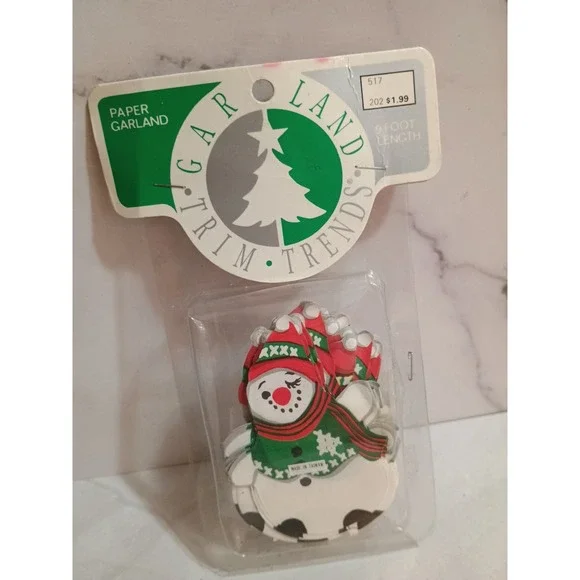 Vintage Kraft Paper Snowman Christmas‎ Garland 2-Sided 9' In Original Packaging.