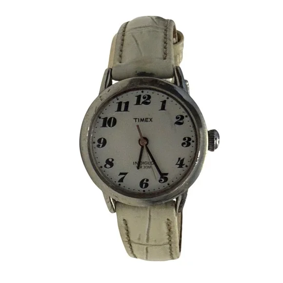 Timex Indiglo Women's Watch White‎ Leather Strap Silver Tone Case