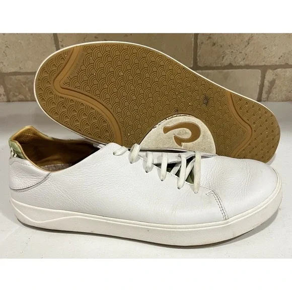 Olukai Shoes Mens Lae'ahi Pili White Leather Palm Leaves Lace Sneakers Men's 12