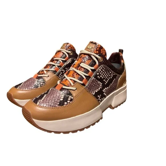 NWB‎ Michael Kors Cosmo Woman's Sneakers Animal Snake Print Brown Gold Tan Sz 9
