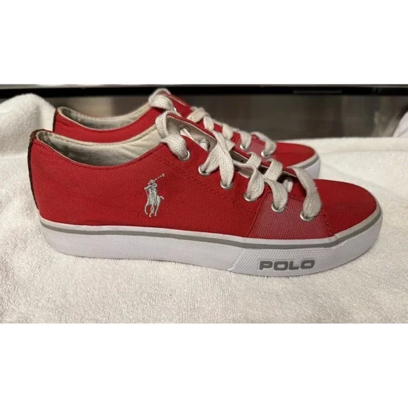 Polo Ralph‎ Lauren Red Canvas Sneakers with Embroidered Logo Mens Size 7.5D