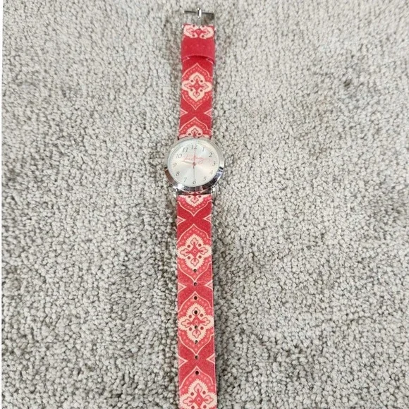 Vera Bradley Watch Red White Patterned Strap Silver Tone Bezel Womens