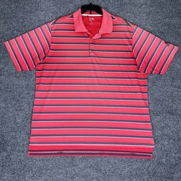 Adidas Shirt Men XL Red Grey Polo Striped Climalite Short Sleeve Polyester Adult