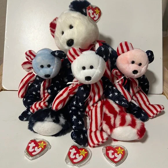 Ty Beanie Babies Buddy Spangle Bear Patriotic Red White Blue 1999 Lot of 4 USA