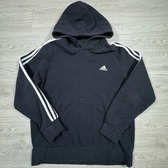 Adidas‎ Men's Hoodie Pullover 3-Stripe Fleece Logo Black Small Pocket