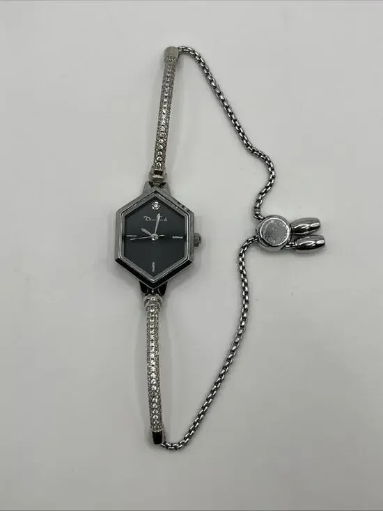 Diaofendi Fashion Hexagon Watch Bracelet Black Silver Tone Bolo Adjustable Strap