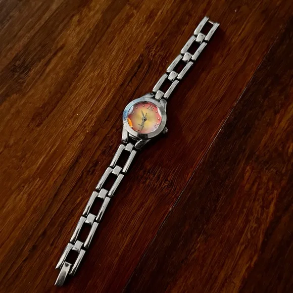 Vintage Y2K Silver Link Bracelet Watch Pink Orange Gradient Sunrise Dial Girls