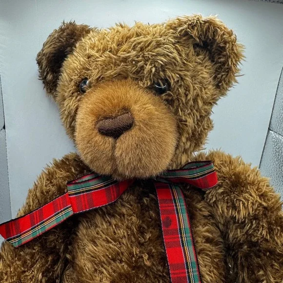 Gund Brown Shaggy‎ Teddy Bear Plush Red Plaid Ribbon Bow Holiday Classic