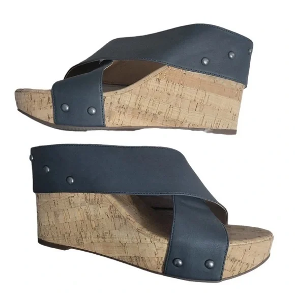 NEW Lucky Brand Mykayla Wedge Sandals Gray Vegan Leather Platform Cork Size 10