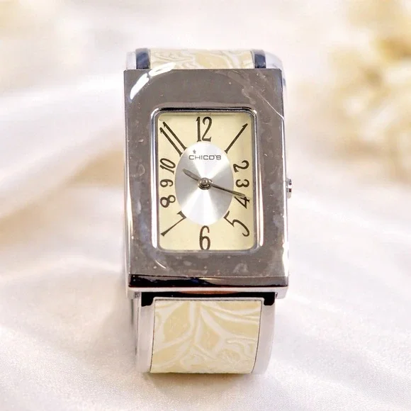 Chico's CH-921 Floral Cuff Watch Cream Silver Tone Japan Movement NEW