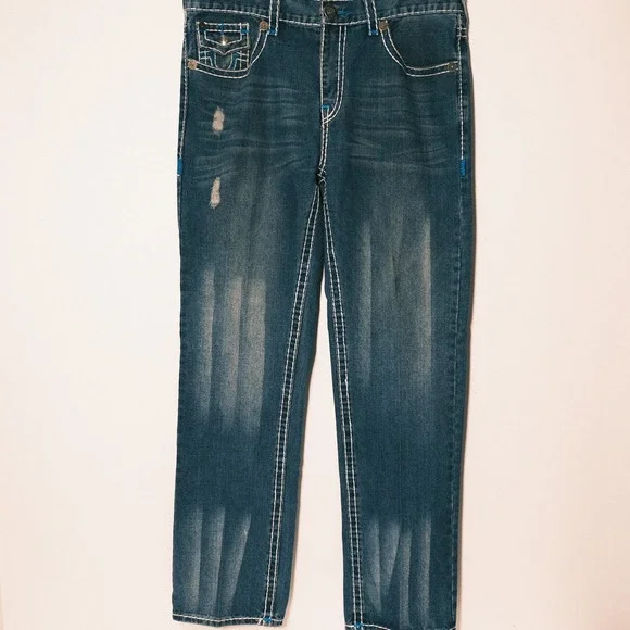 True Religion Ricky Super T Flap Jeans Men's Size 38 Black Denim White Stitch