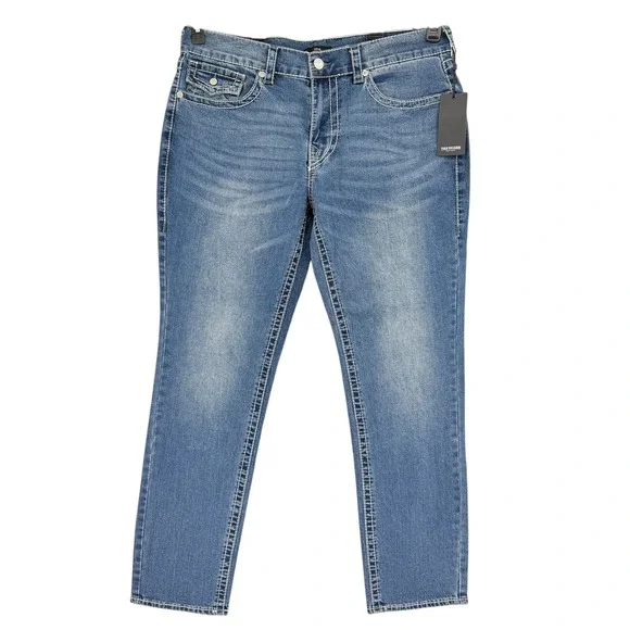 True Religion Men's Geno Big T Flap Slim Stretch Blue Denim Jeans 36x32 NWT $199