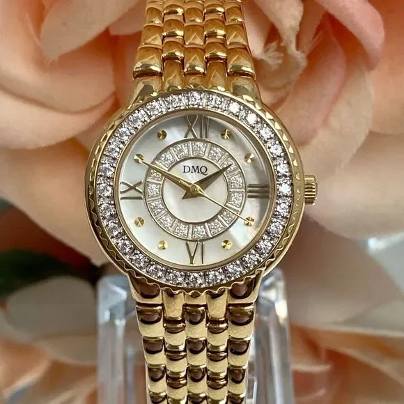 DMQ Diamonique CZ Bezel Mother of Pearl Dial Gold-Tone Dress Watch