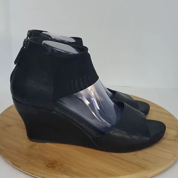 Eileen Fisher Corona Mid-Wedge Ankle Cuff Leather Sandal Black Size 9
