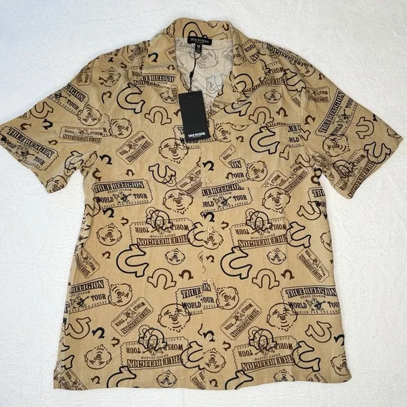 True Religion Ticket Print Camp Shirt Mens Small Beige AOP Resort Y2K NWT Street