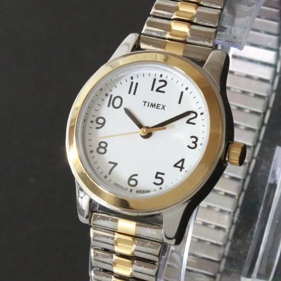 Essex Ave Ladies Indiglo Quartz Watch By Timex Two Tone Expansion Bracelet 25mm
