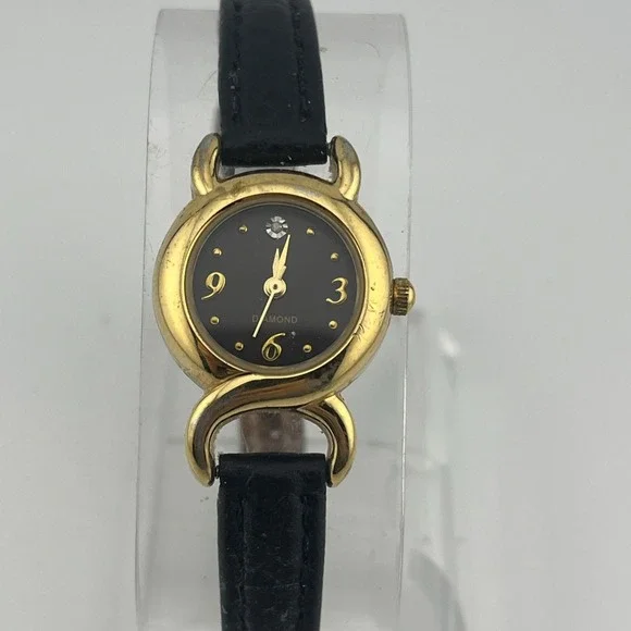 Avon 2007 Genuine Diamond Accent Watch 22mm Gold Case Leather Band-‎ New Battery