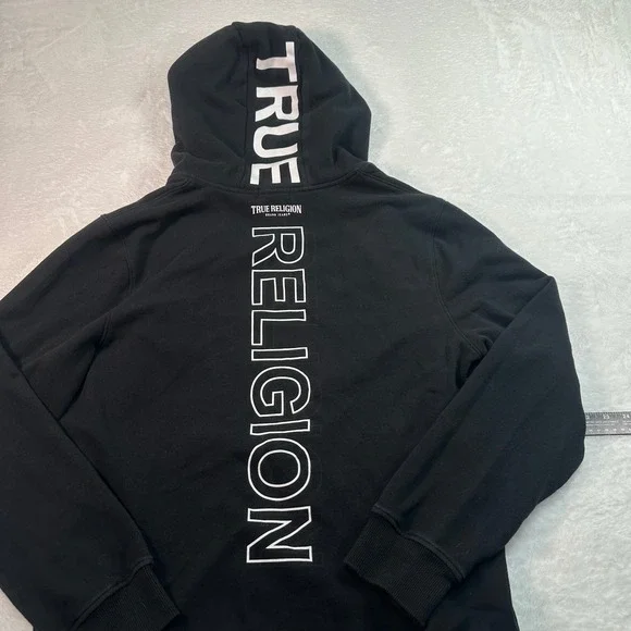 True Religion Full Zip Hoodie Mens Large Black Graphic Logo Big‎ Spellout Back