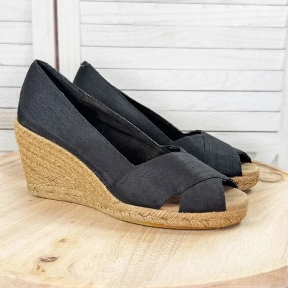 White Mountain Dupioni Fabric Peep Toe Espadrille Wedge Heels‎ Black 9