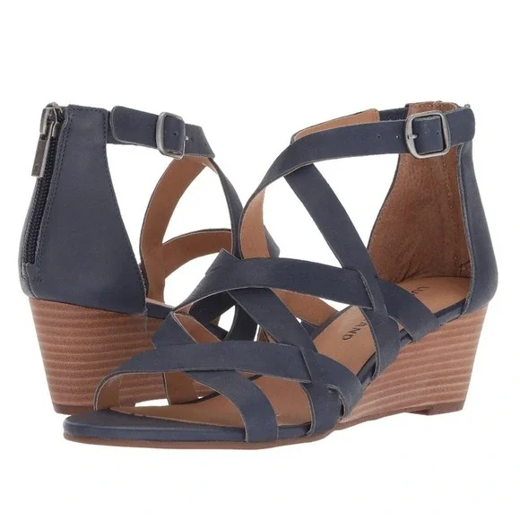 Lucky Brand Womens Navy Blue Leather Strappy Wedge Sandals Size 10M 42