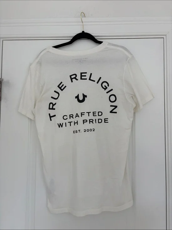 True Religion White Short Sleeve Crew Tee with Black Logo