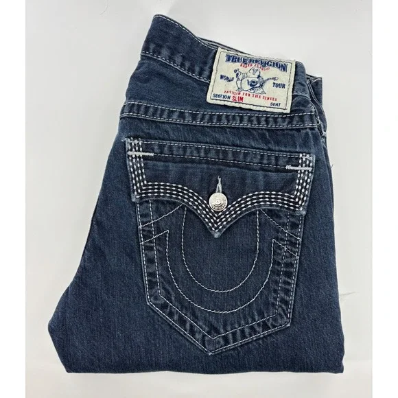 True Religion Slim Fit Straight Leg Jeans Men's 32x27 Blue Flap Pockets Raw Hem
