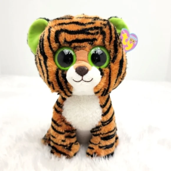 Ty Beanie Boo Plush Stripes Tiger Stuffed Animal Orange Black Green Eyes Soft