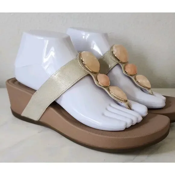 Aetrex Elyse Sz 9/9.5 Thong Wedge Sandal Stone Gem Embellished EUC