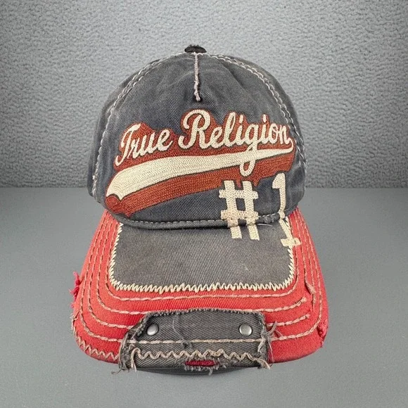 VTG True Religion‎ Hat Mens Gray Distressed Y2K Buddha Logo Baseball Cap
