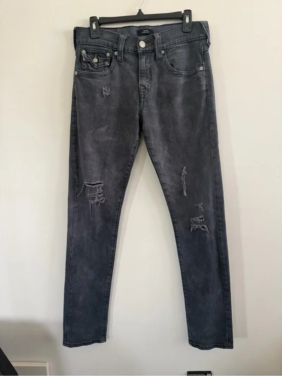 True Religion Men's Skinny Ripped Jeans in Faded Charcoal