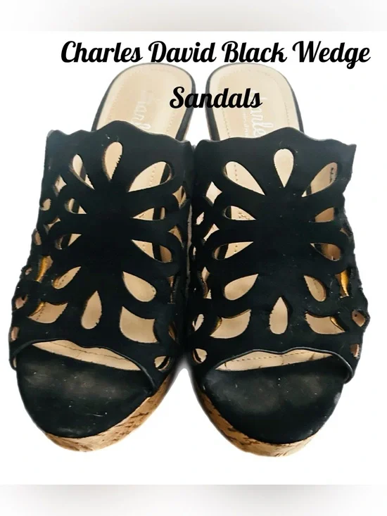 Charles David Black Wedge Sandals- Size 6 M