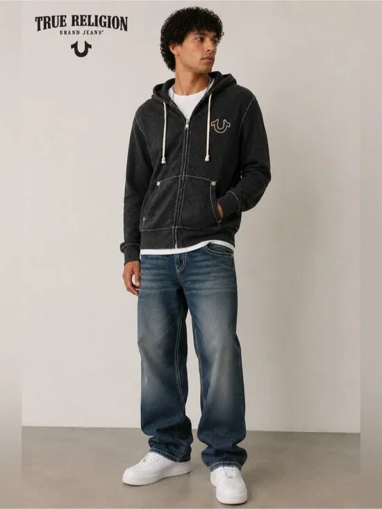 True Religion Zip-Up Hoodie Charcoal Gray Contrast Stitch Logo Size Large