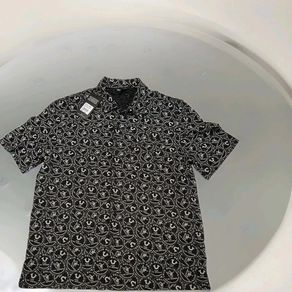 True Religion AOP Resort‎ Shirt Size M Jet Black All Over Logo NWT Mens A1