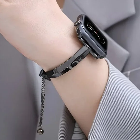 Apple Watch Band Adjustable Slim Stylish Strap Silver Stainless Bracelet - Black